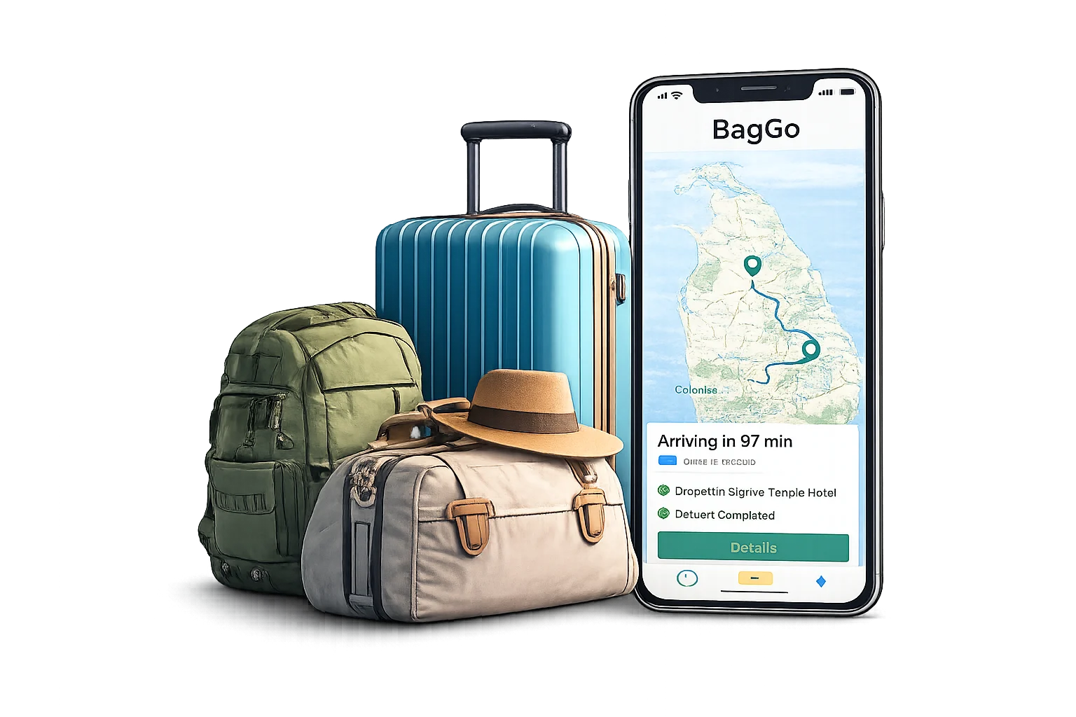 Baggo luggage delivery service showing suitcase, backpack, and mobile tracking app